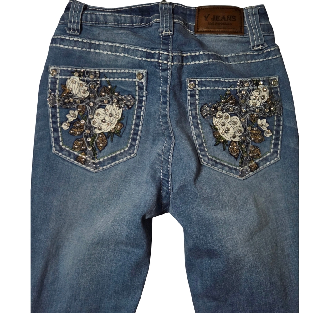 Y Jeans Los Angeles Embellished Bootcut Jeans Womens Sz 3/4 Cross Pocket - Picture 6 of 8